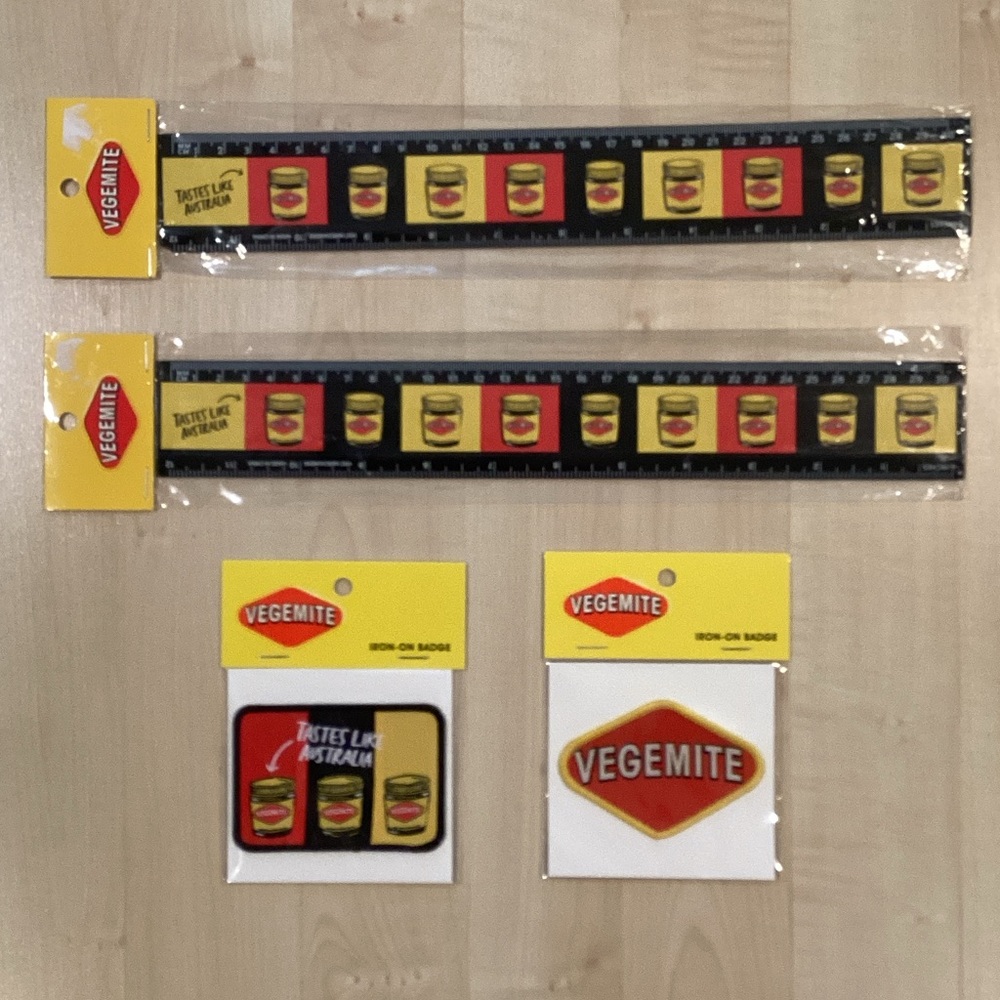 BRAND NEW VEGEMITE RULERS AND IRON ON BADGES